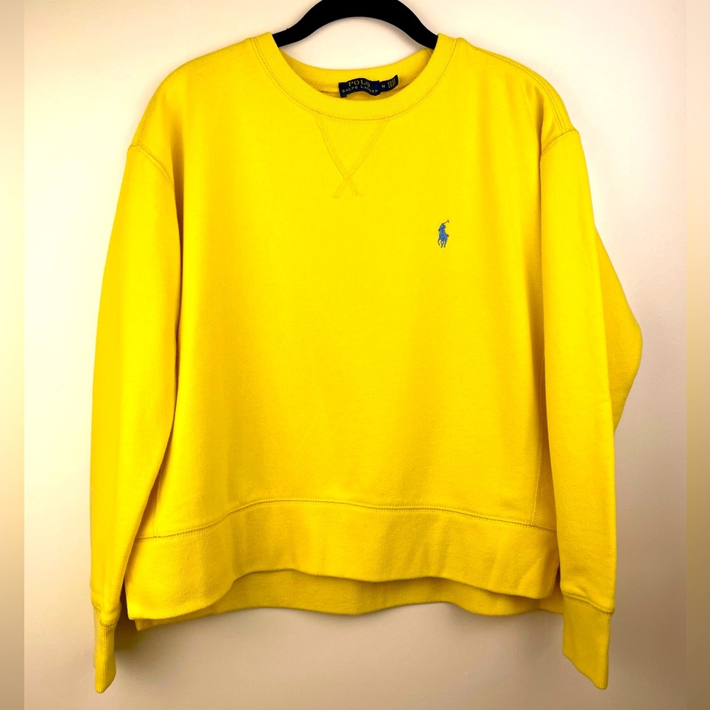 Polo Ralph Lauren Sweatshirt Womens Medium Yellow Pony Logo Fleece Crop Boxy Fit